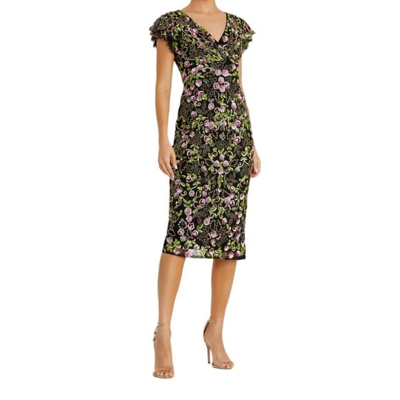 Mac Duggal Black Floral Embellished Flutter Cap Sleeve Dress Women’s Sz 6 - Picture 1 of 10